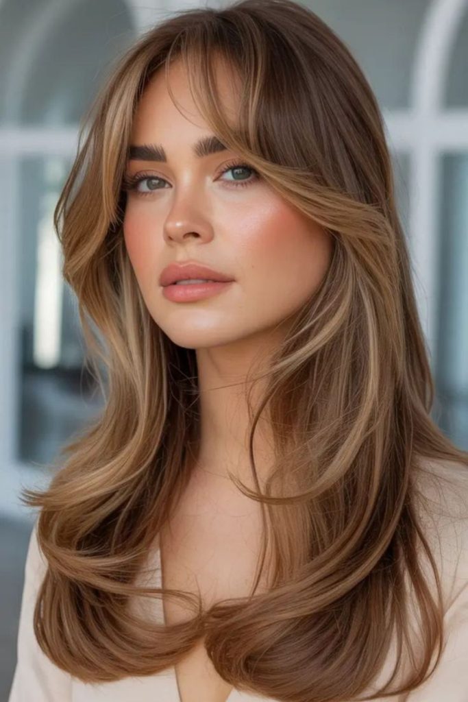 Vanilla blonde walnut layered hairstyle.