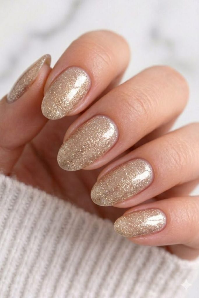 Velvet champagne graduation nails with shimmer.