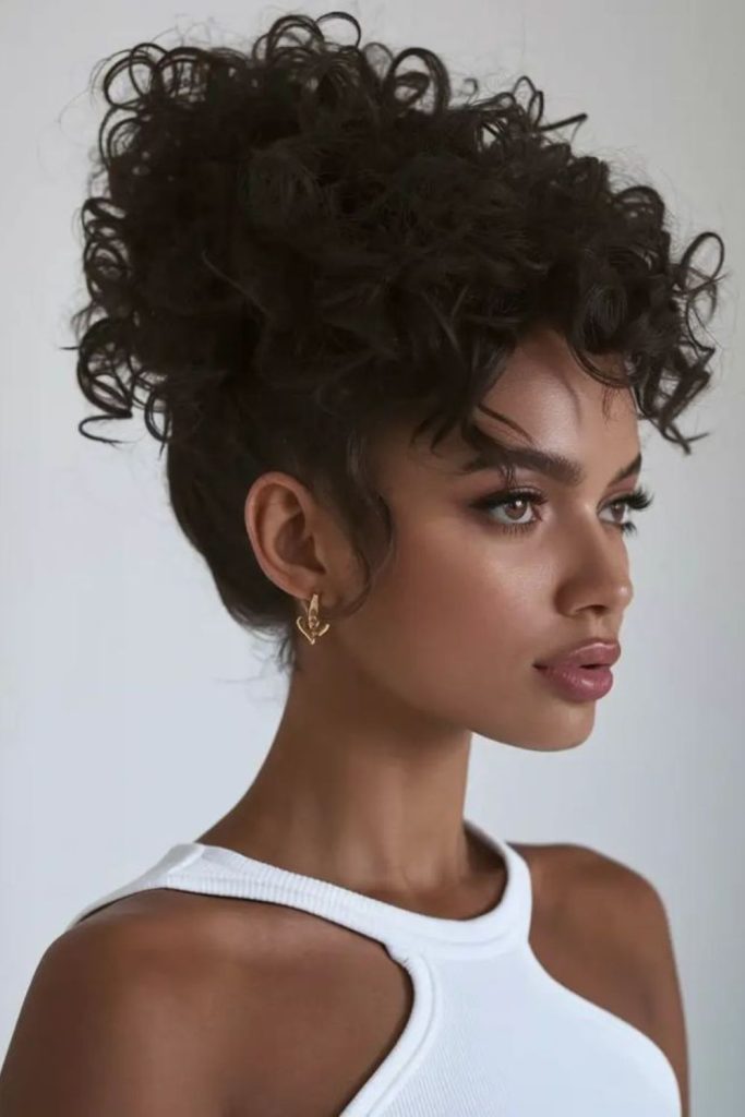 Dramatic velvet curly formal updo.