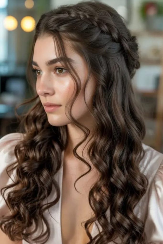 Elegant formal curly halo hairstyle.