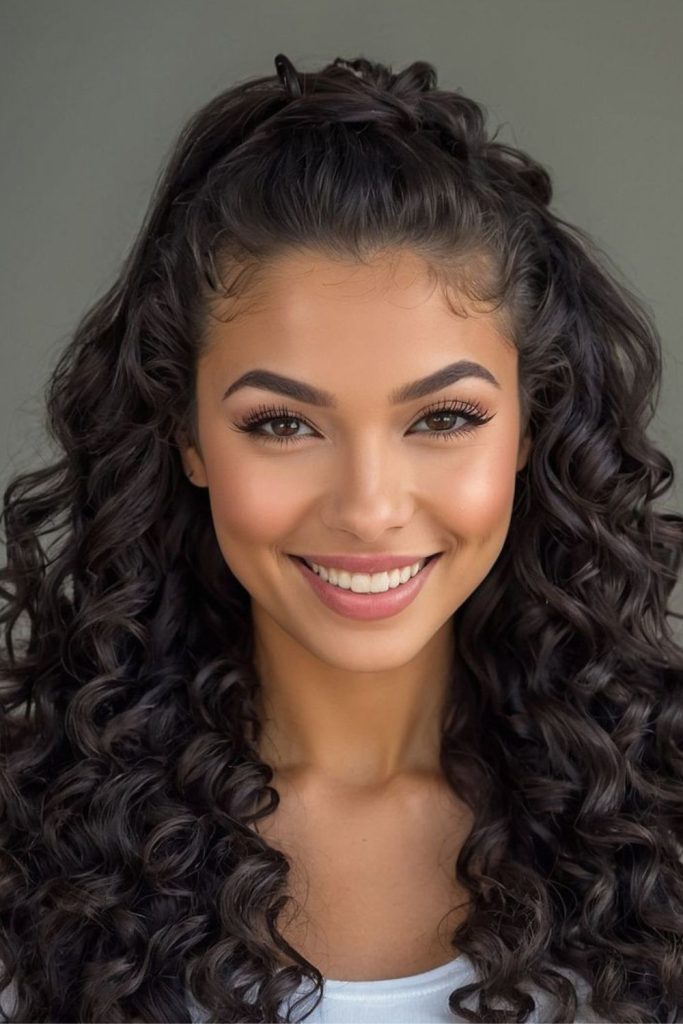 Long velvet formal curly hairstyle.