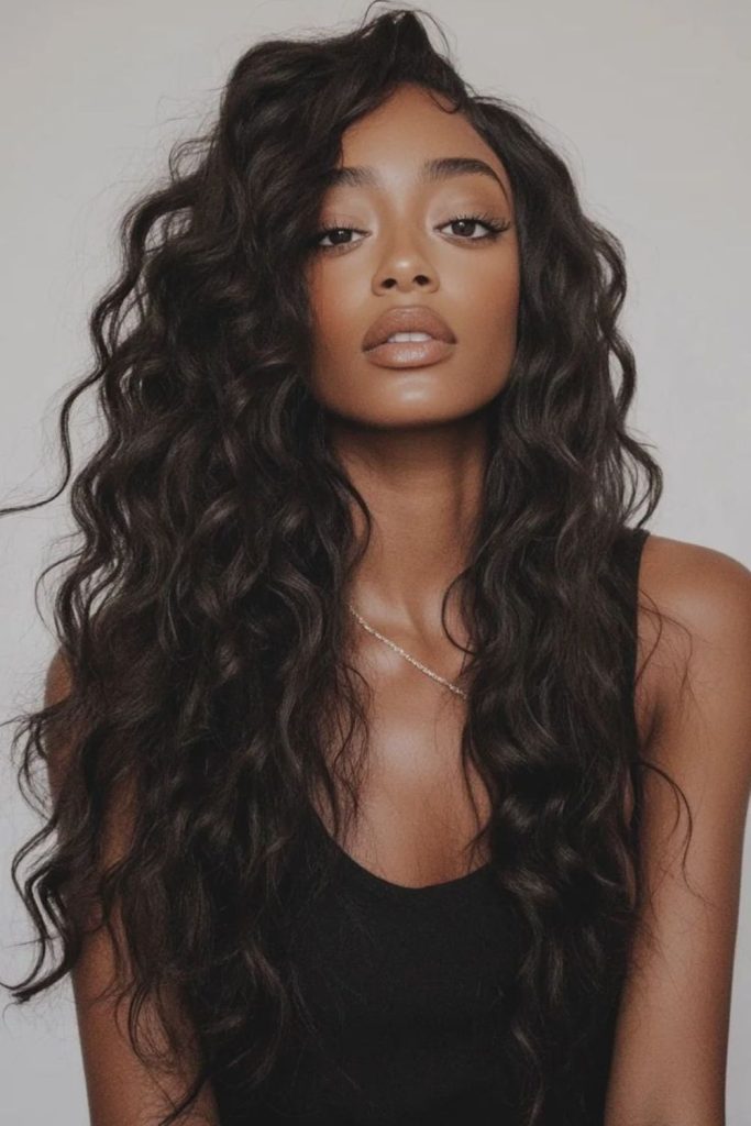 Velvet dark curls flowing softly with elegant depth