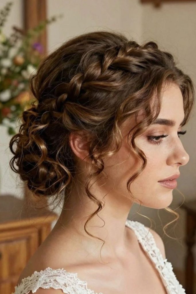Ribbon knot elegant curly hairstyle.