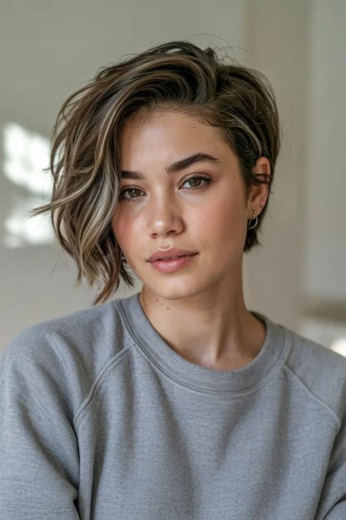 Soft velvet long pixie hairstyle.