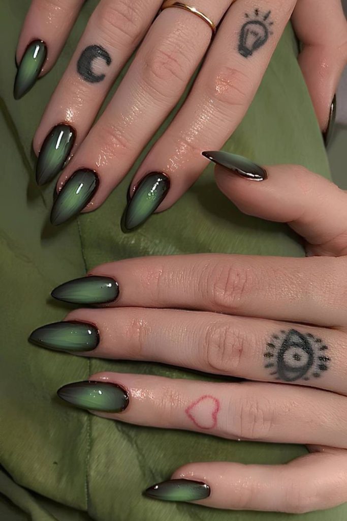 Green black frost chrome nails design