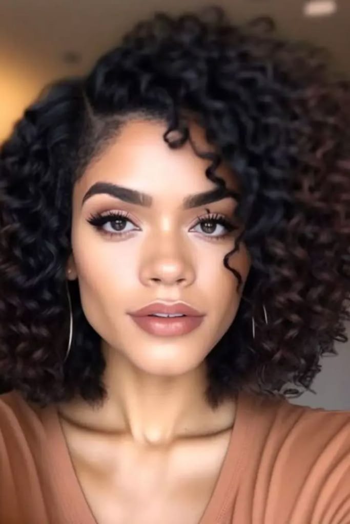 Side part voluminous curls dramatic bold texture