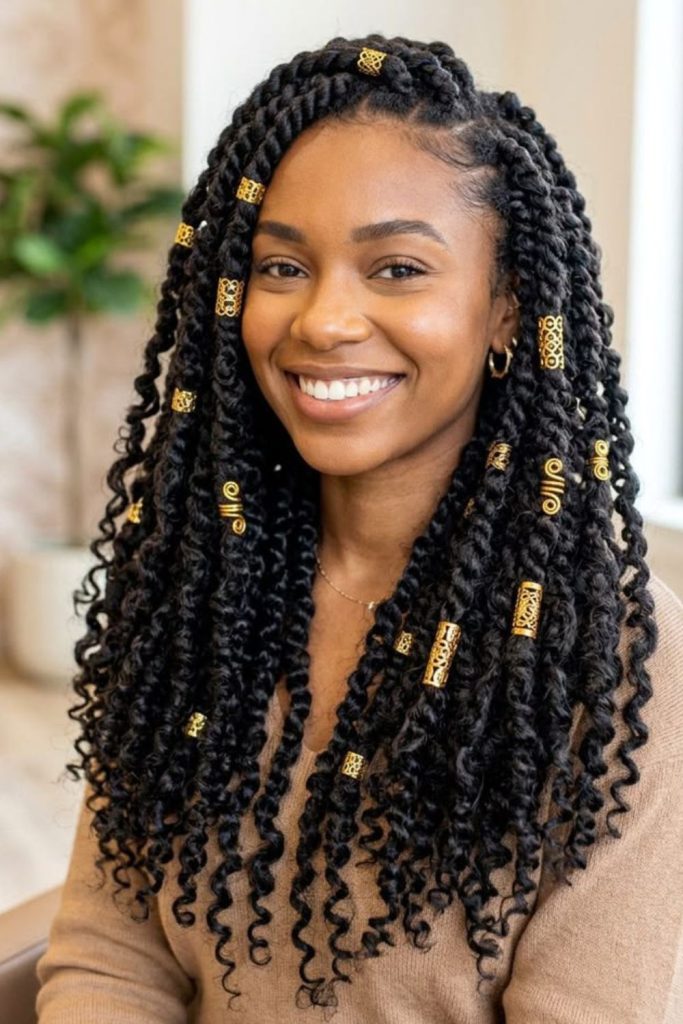 Waist length crochet twists dramatic look.