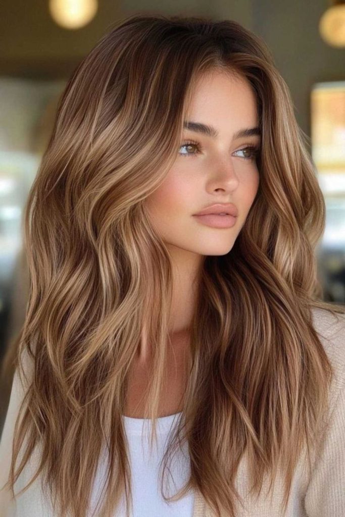 Walnut brown honey blonde waves.