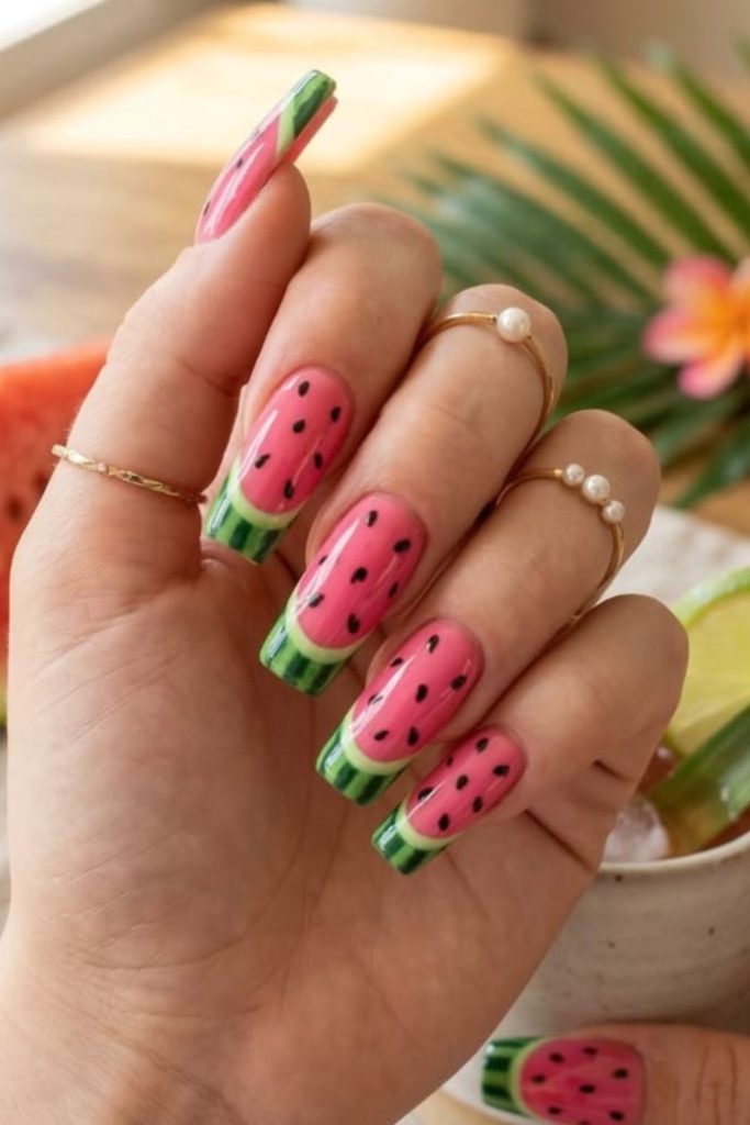 Watermelon wedge pink nail design.