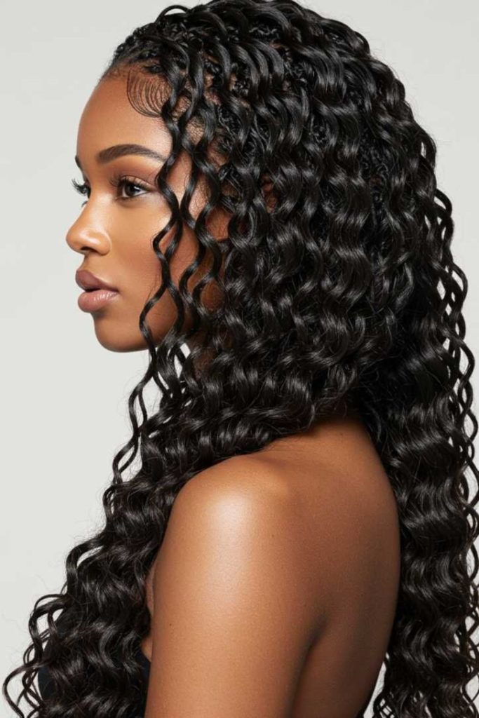 Wet look curls glossy sleek defined hairstyle