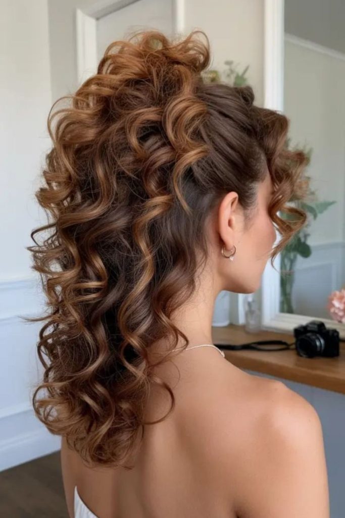 Orchid inspired tucked curly hairstyle.