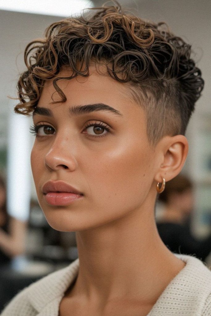 Short fiery pixie with bold curly texture