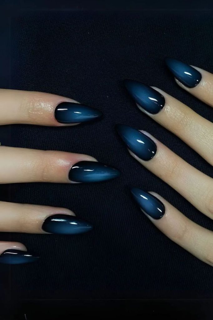 Aqua black liquid gothic almond nails