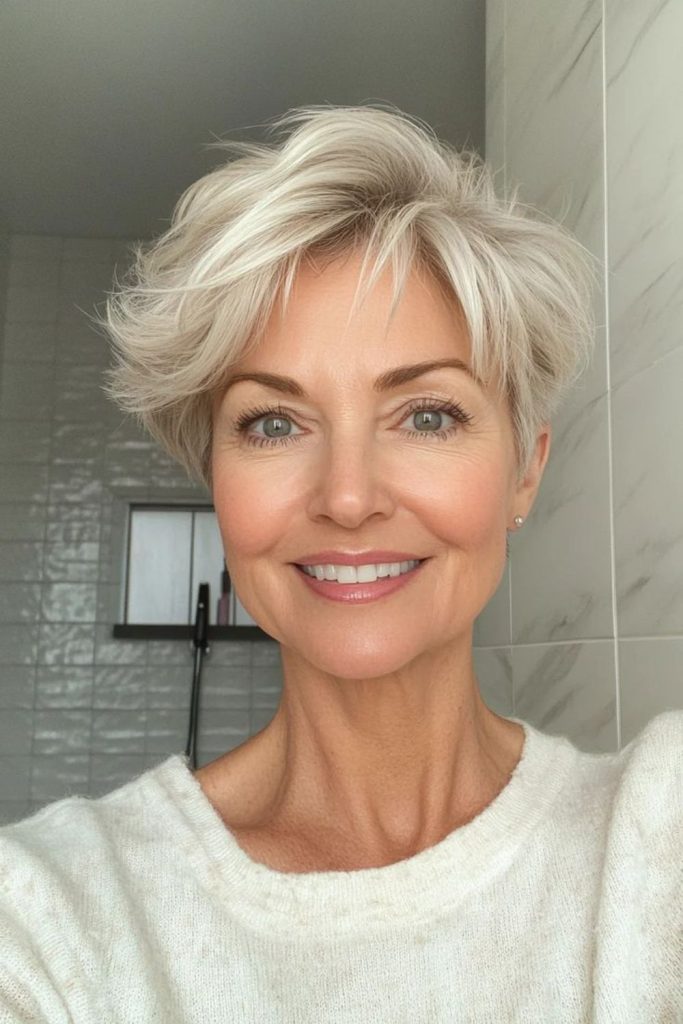 Airy glow platinum feather bob pixie luminous style