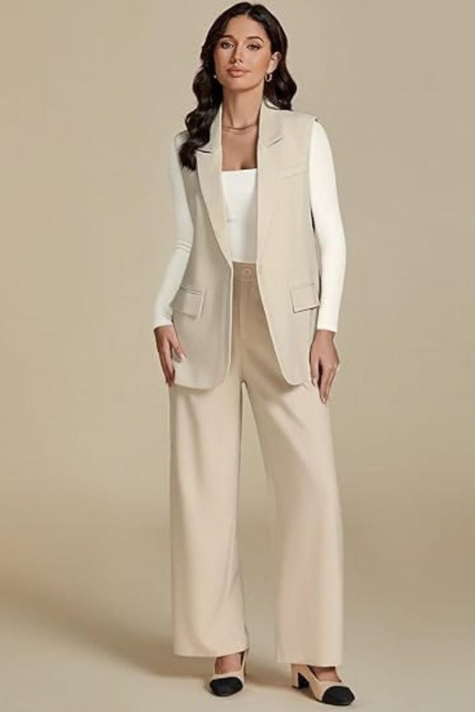 Beige sleeveless blazer minimalist fashion outfit