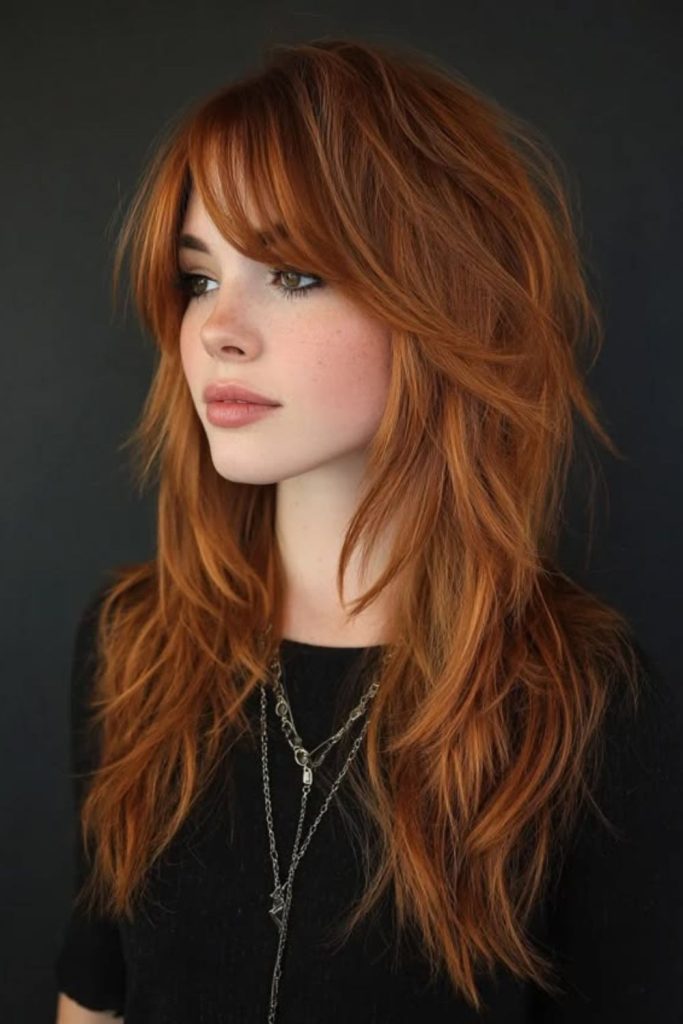 Amber layered hairstyle with rounded bangs.