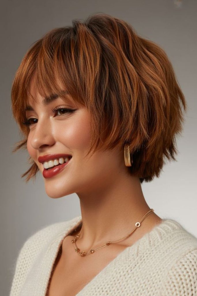 Rounded bob with layered texture.