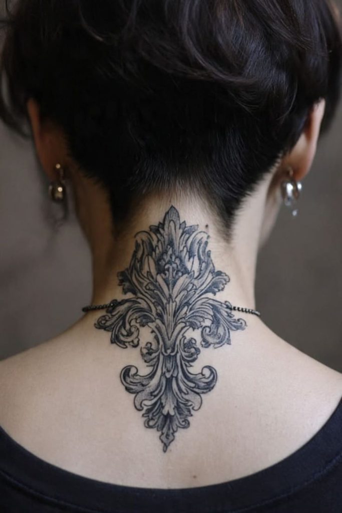 Filigree hairline tattoo vintage ornate design.