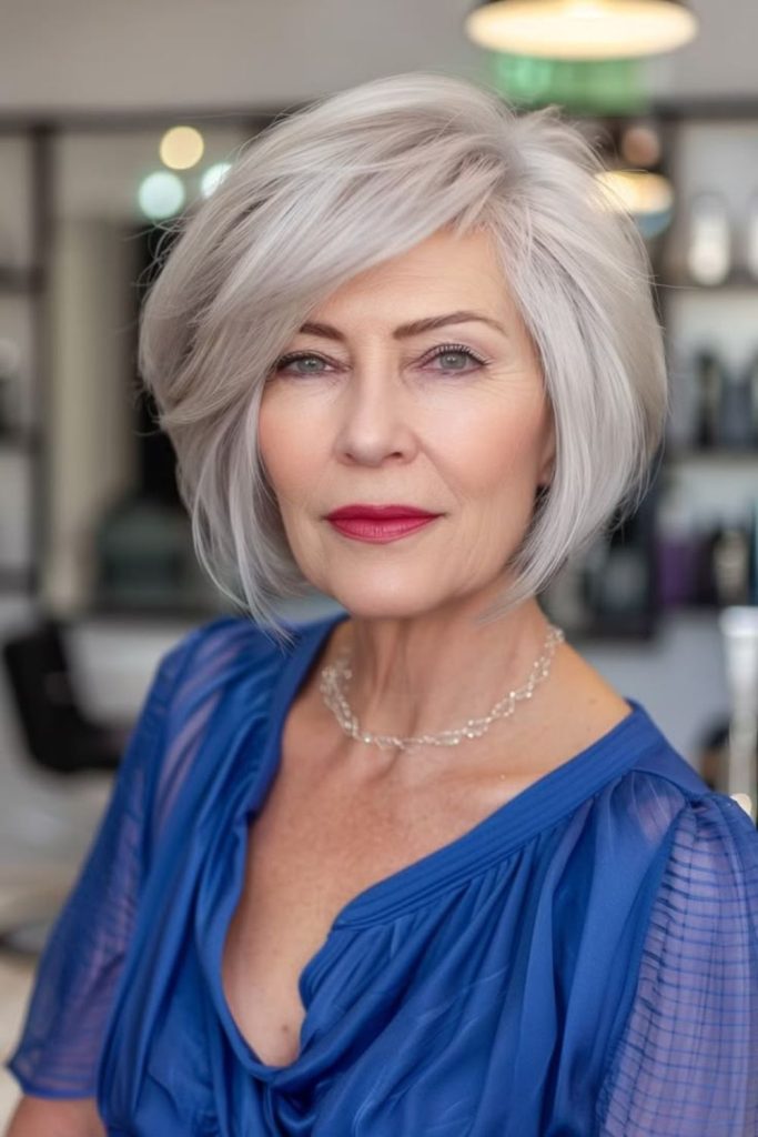Rounded bob with layered fullness.