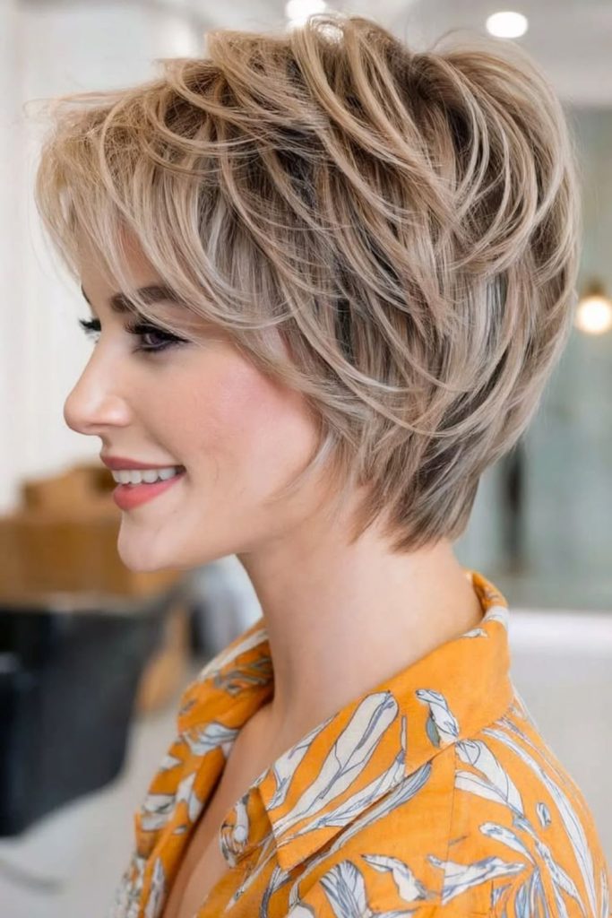 Feathered cut with soft texture.