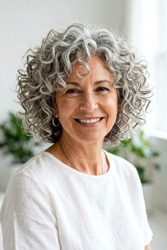 . Cascading layered gray curls with flow.