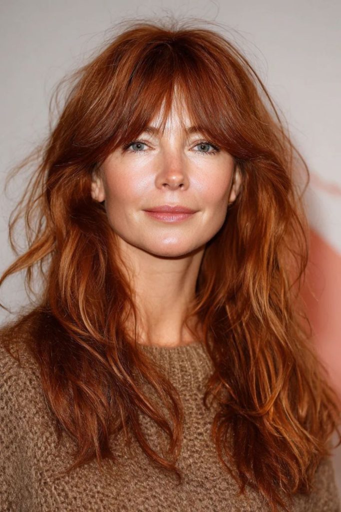 Auburn cascading flame toned layered hair