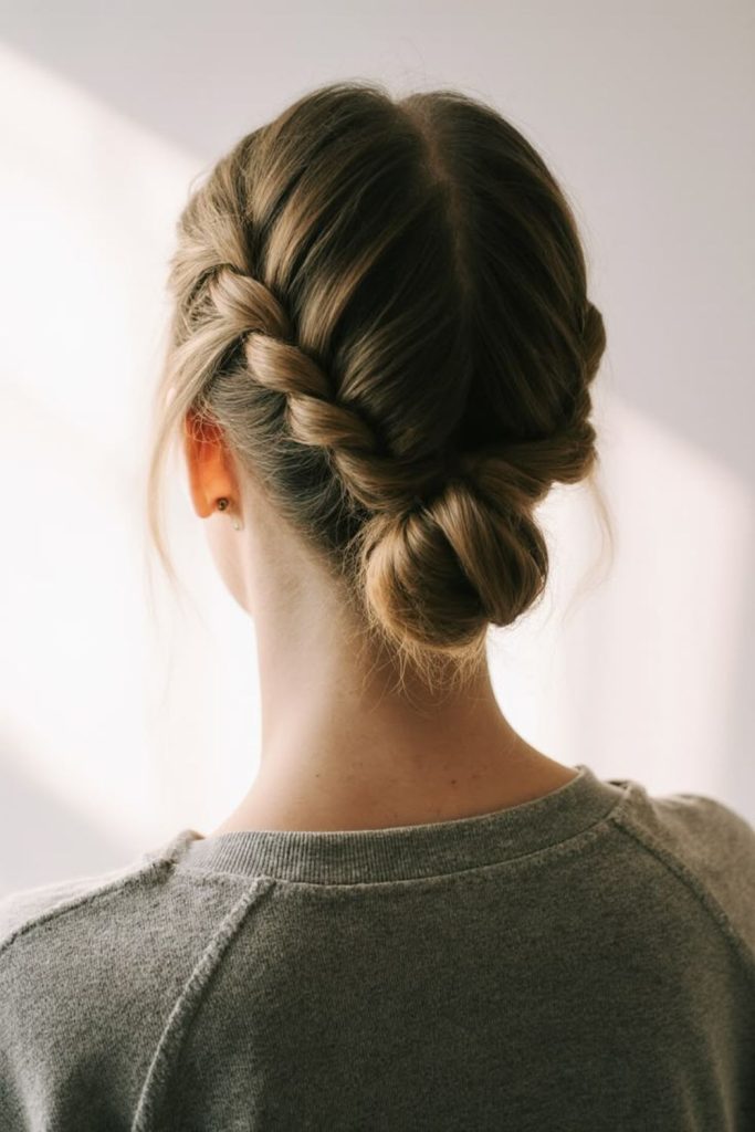 Twisted low bun outdoor hairstyle.