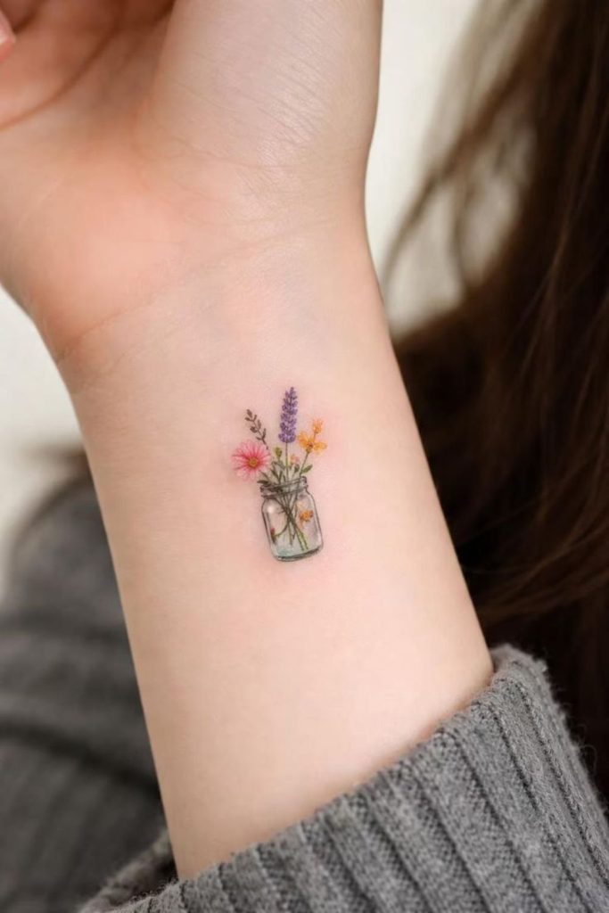Floral initial personalized small tattoo design.