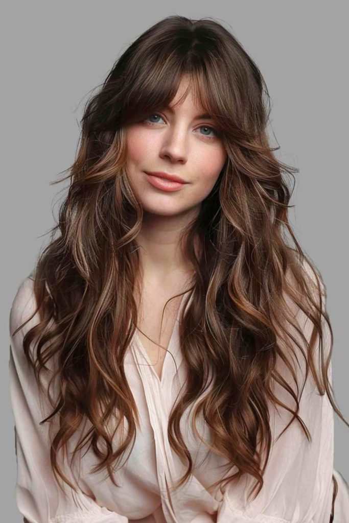 Bohemian layered hair with curtain bangs.