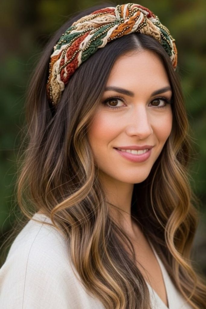 Boho wavy hairstyle with thick headband.