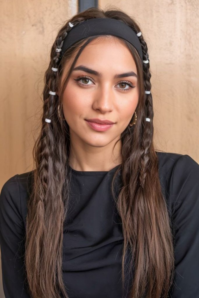 Braided hairstyle with slim decorative headband.