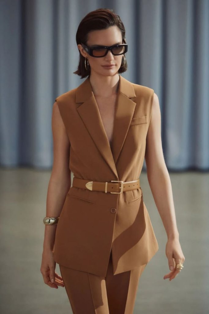 Camel sleeveless blazer neutral chic outfit