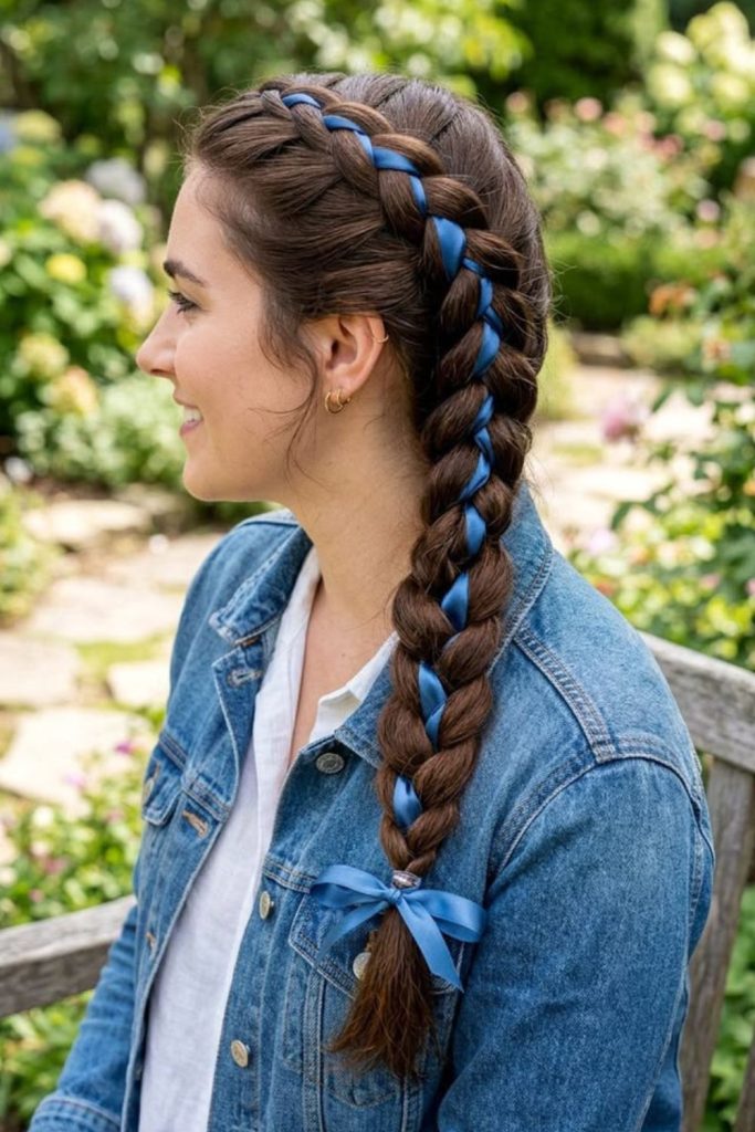 Wide ribbon braid camp hairstyle.