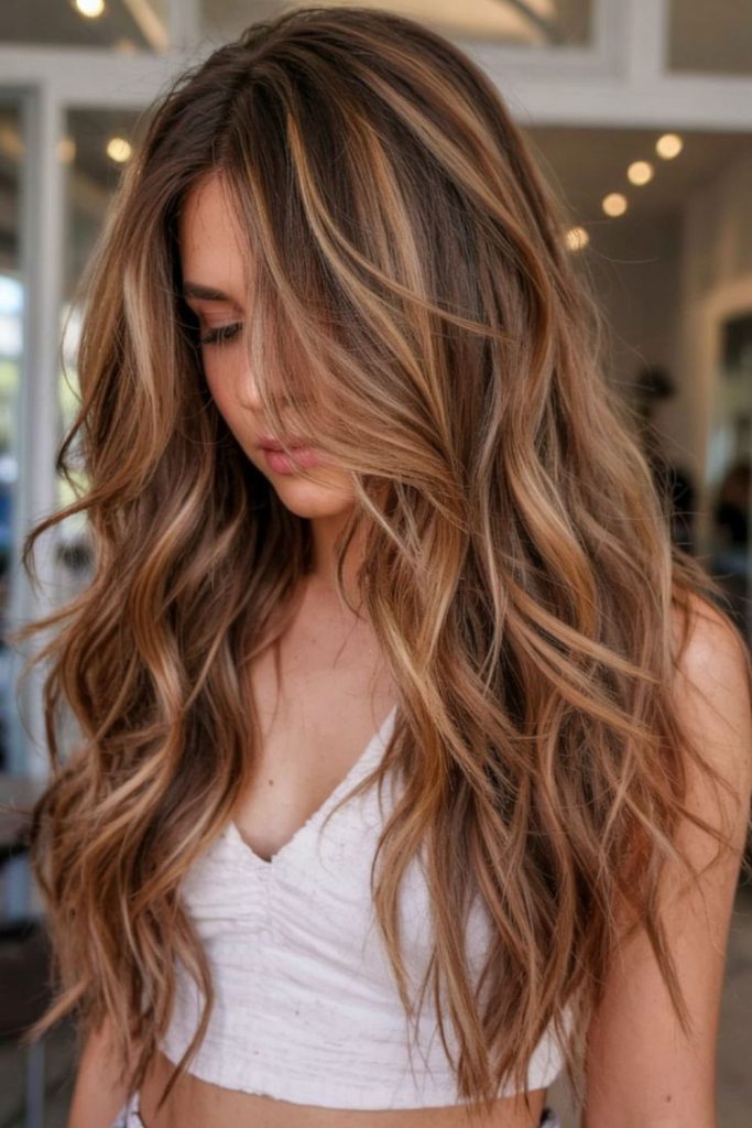 Caramel layers and curtain fringe style.