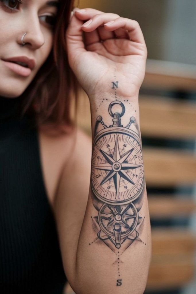 Celestial compass wrist tattoo cosmic guidance
