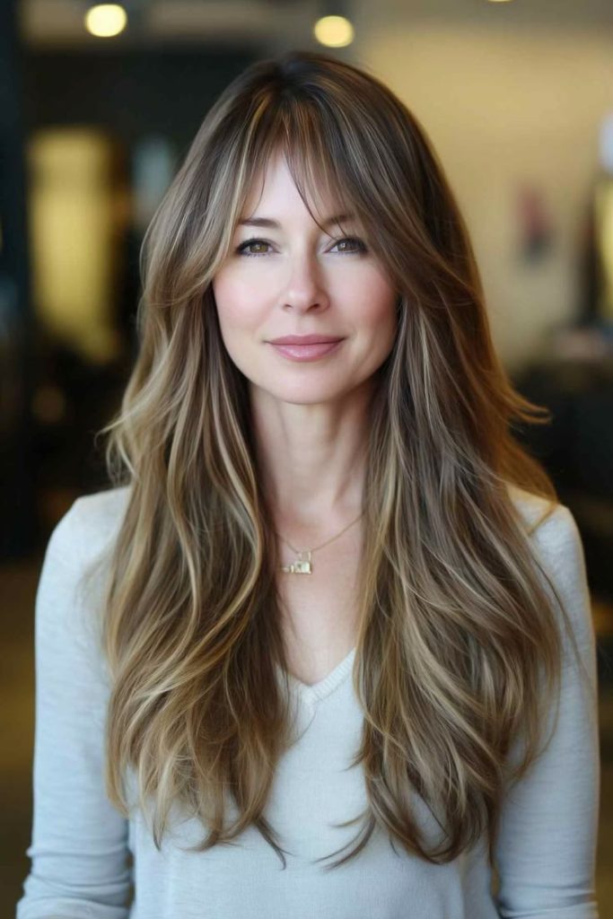 Champagne blonde airy layered fringe style