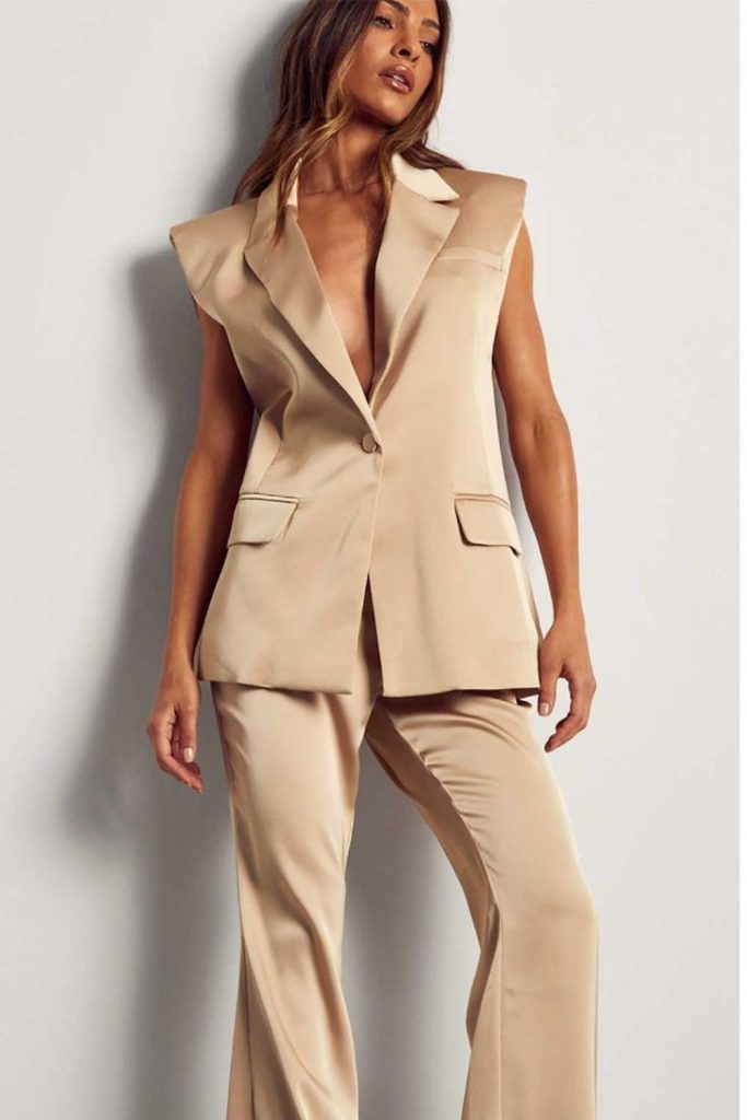 Champagne satin sleeveless blazer chic look