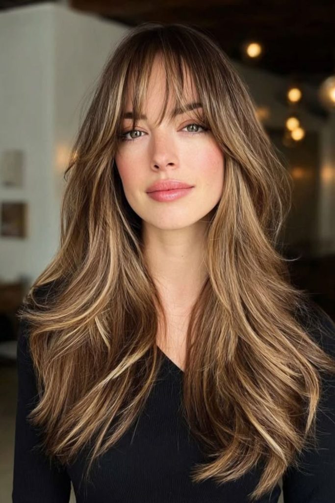 Champagne blonde layers with wispy fringe.