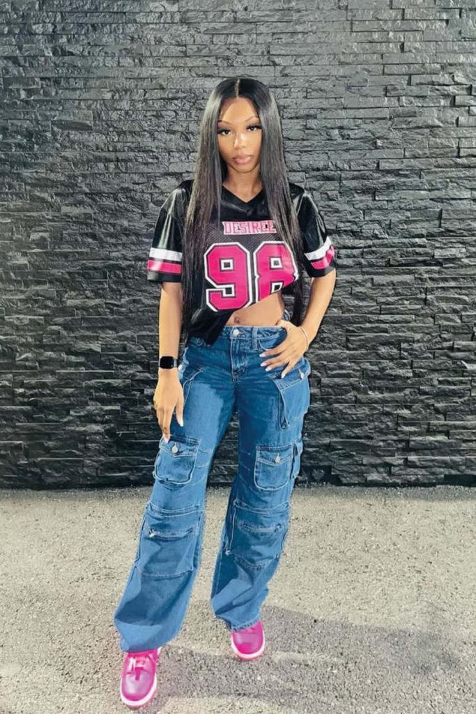 Graphic football jersey straight jeans style