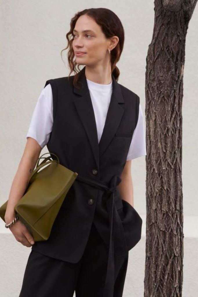 Charcoal sleeveless blazer professional office outfit