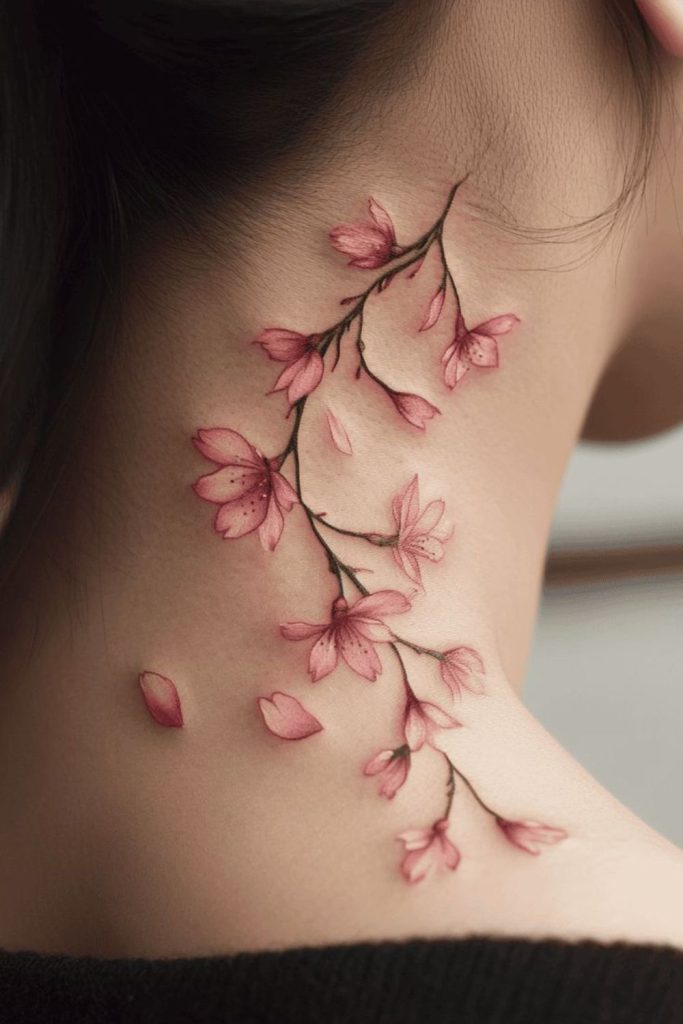 Blossom hairline tattoo soft drifting petals.