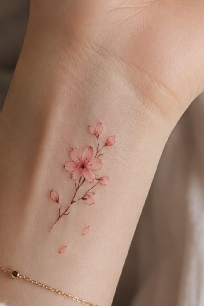 Delicate cherry blossom floral tattoo design.