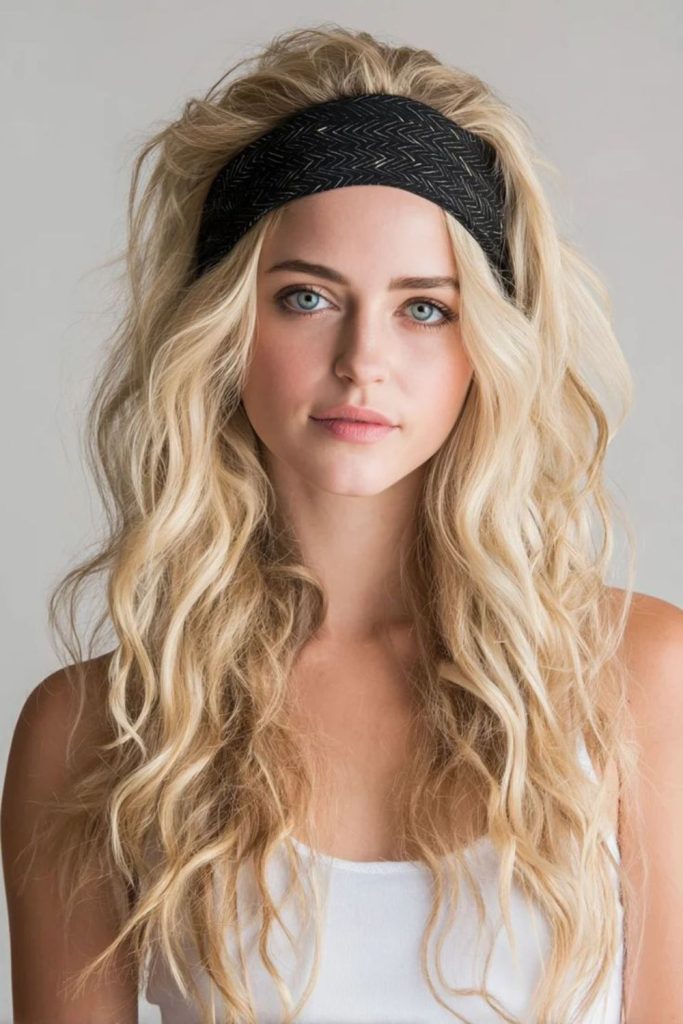 Curly hairstyle with thick headband crown.