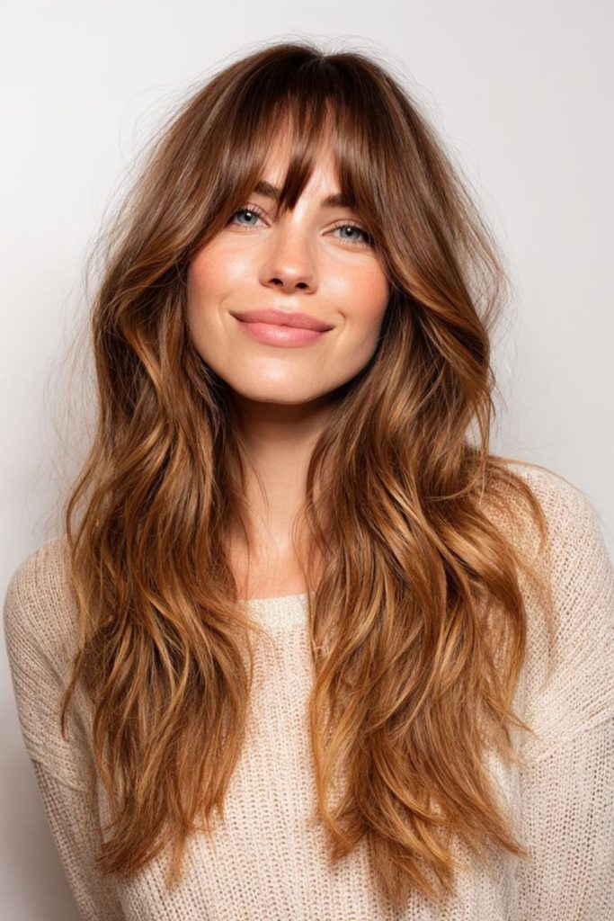 Cinnamon layered hair with light fringe.