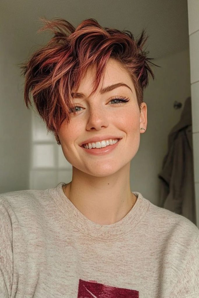 Short flicked haircut with playful texture.