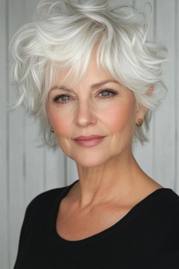 Feathered pixie with soft fringe.