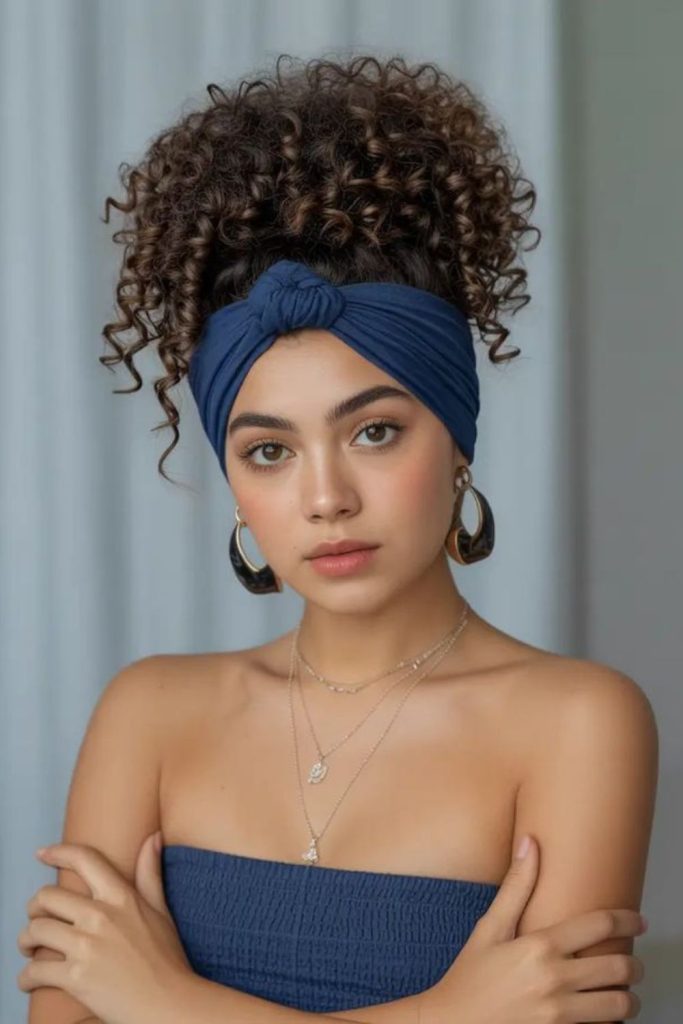 Soft puff hairstyle beneath headband.
