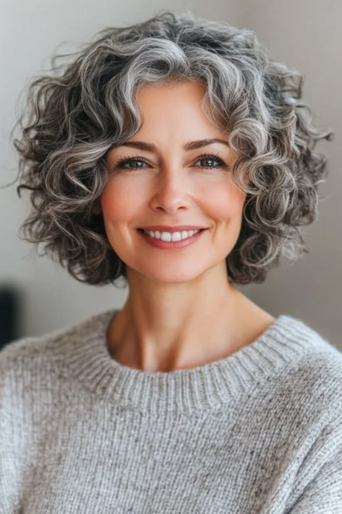 Voluminous gray curly bob haircut.