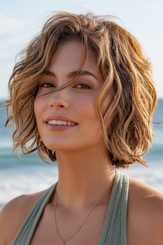 Tousled crop hairstyle with beachy waves.