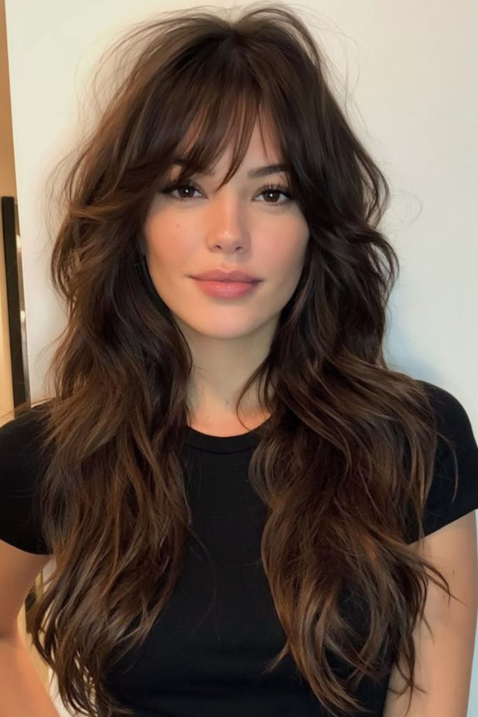 Cocoa layered hair with wispy fringe.